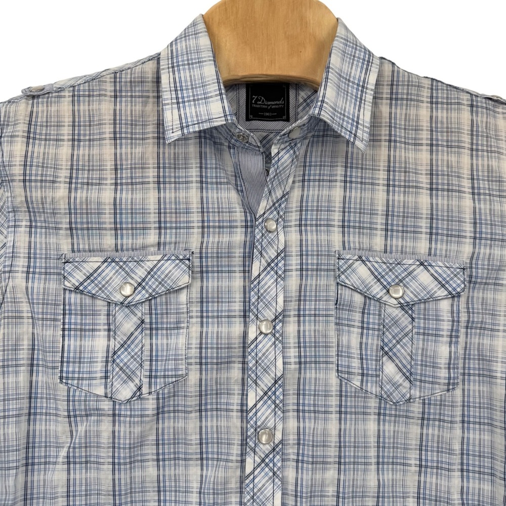 7 Diamonds Plaid Snap Button Shirt Mens M Blue White Western Epaulettes Cotton